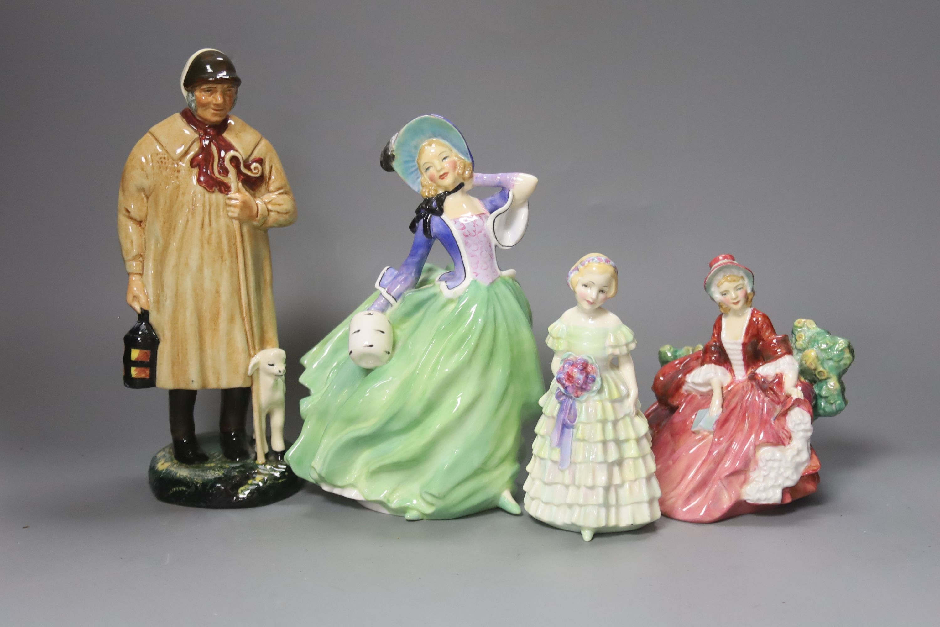 A Royal Doulton Autumn Breezes HN1915, Lydia RN 854481, The Shepherd HN1975 and Little Bridesmaid HN1434, tallest 23cm